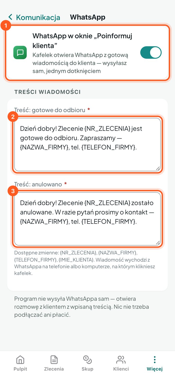 Ekran WhatsApp z przełącznikiem i dwiema treściami wiadomości (telefon)