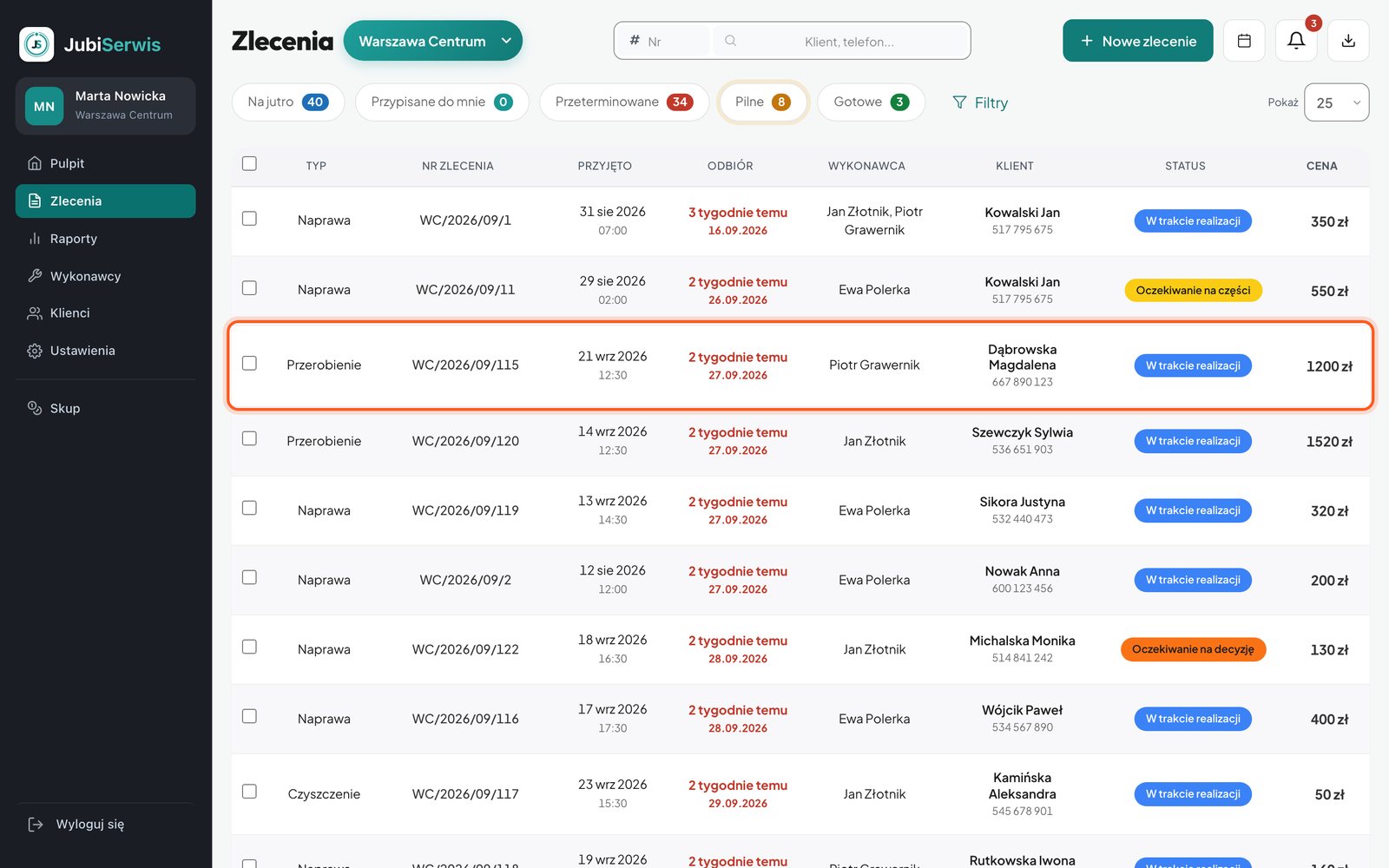 Lista zleceń z zaznaczonym zleceniem w trakcie realizacji (komputer)