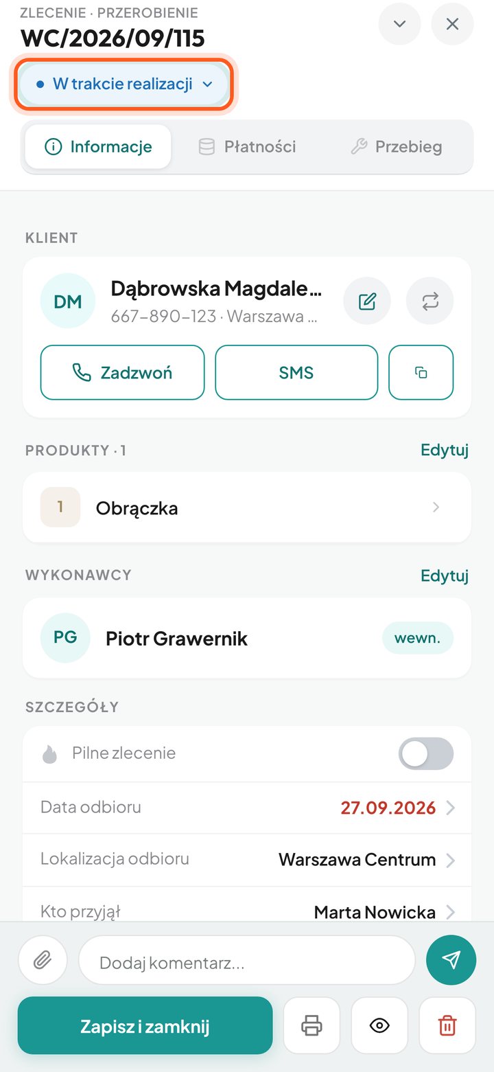 Zaznaczone pole statusu zlecenia w oknie podglądu (telefon)