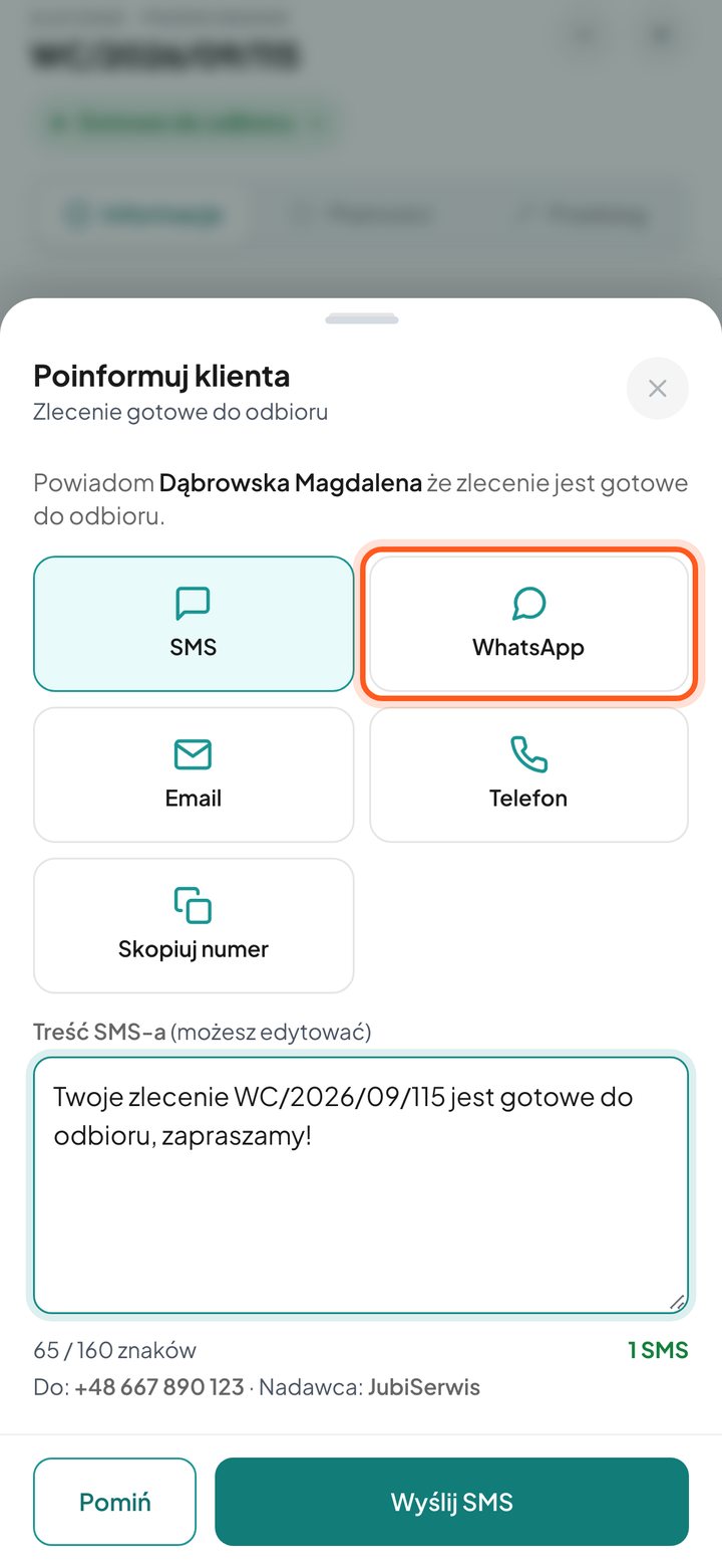 Zaznaczony kafelek WhatsApp w oknie Poinformuj klienta (telefon)