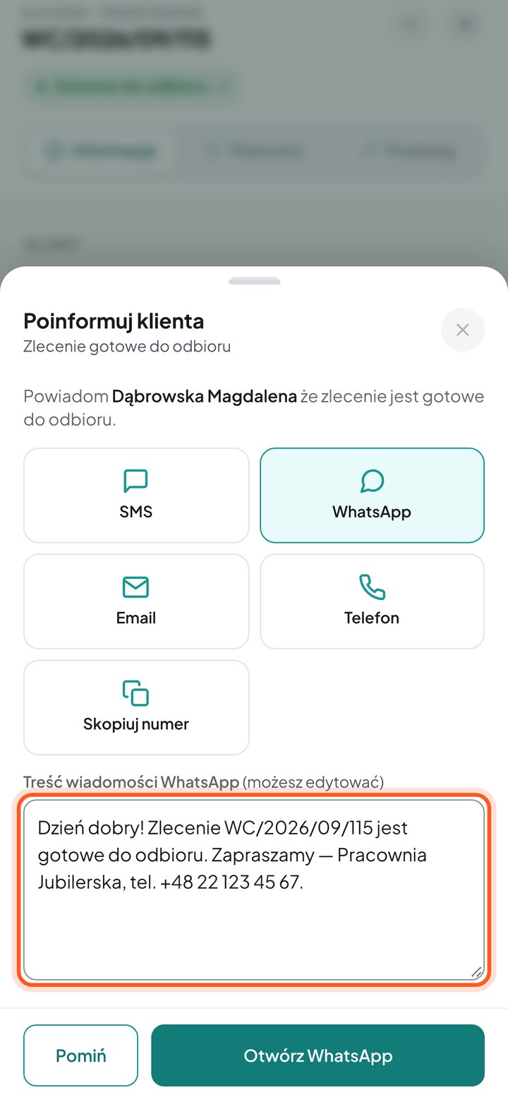 Pole treści wiadomości WhatsApp (telefon)