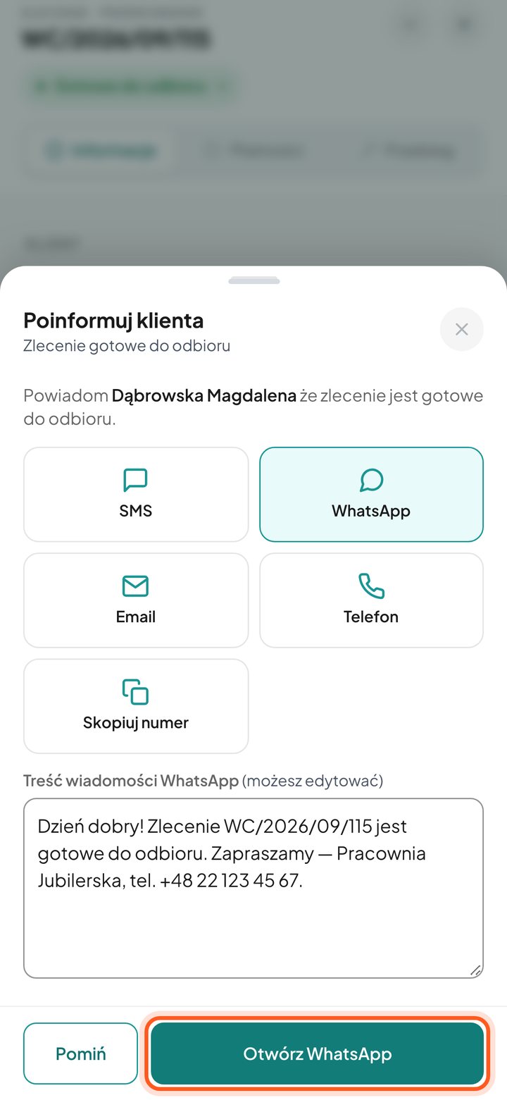 Zaznaczony przycisk Otwórz WhatsApp (telefon)