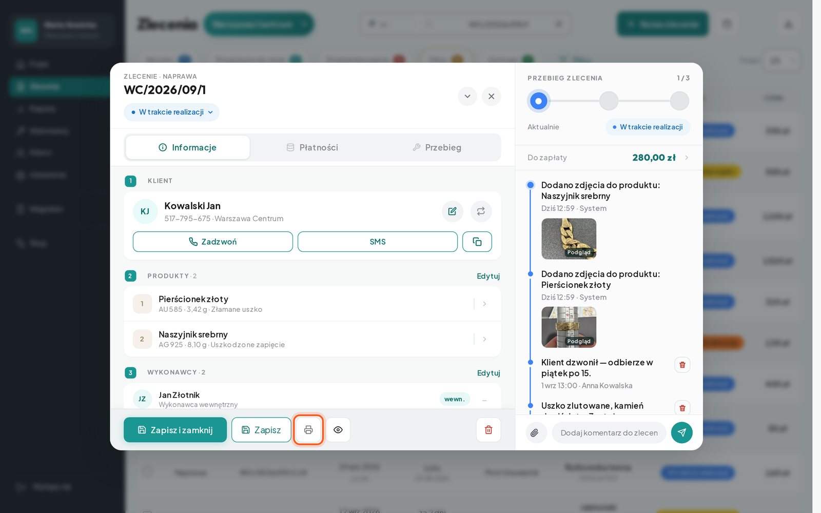 Okno zlecenia z zaznaczoną ikoną drukarki na dole (komputer)