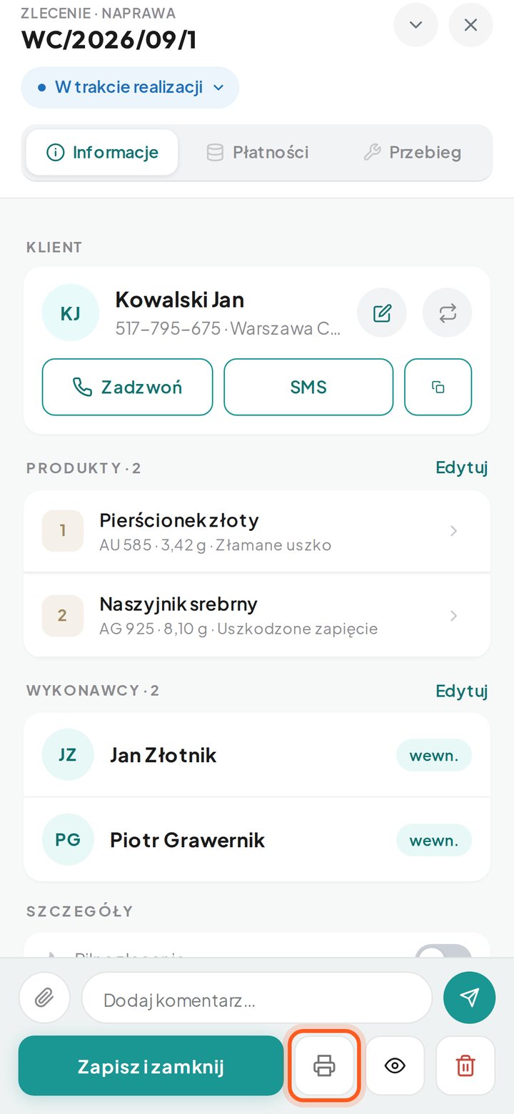 Okno zlecenia z zaznaczoną ikoną drukarki na dole (telefon)