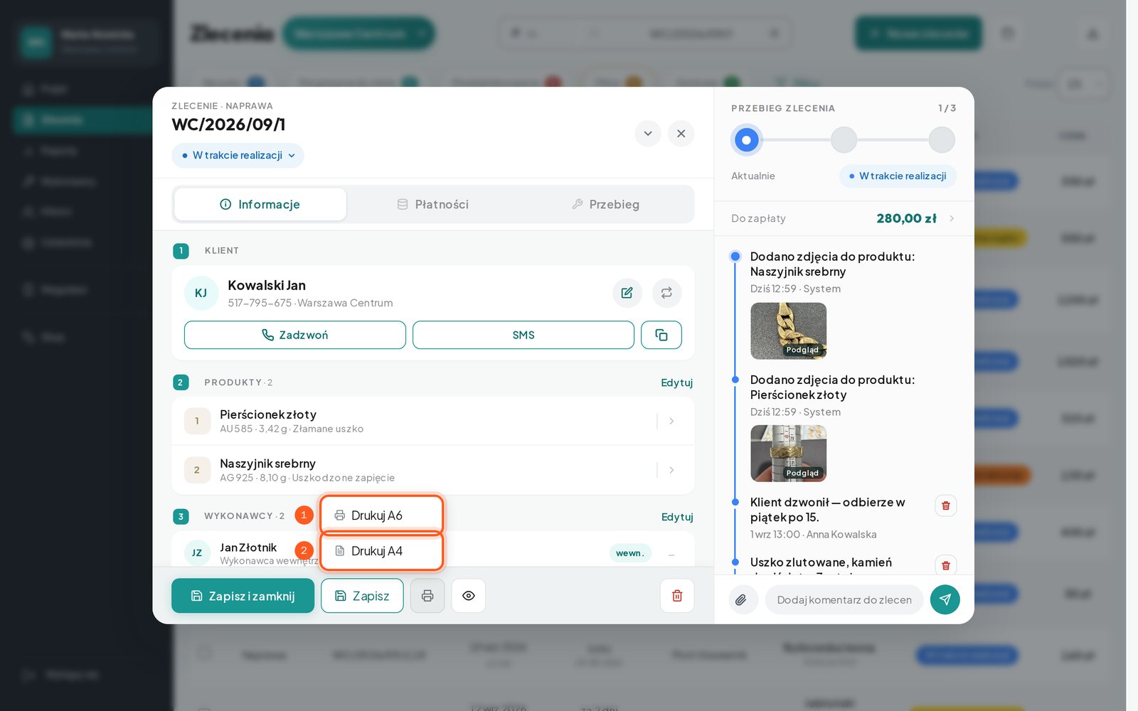 Rozwinięta lista z opcjami Drukuj A6 i Drukuj A4 (komputer)