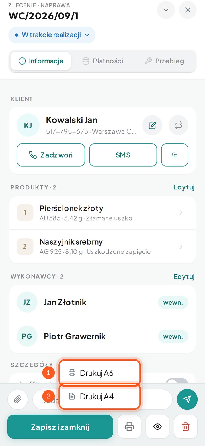 Rozwinięta lista z opcjami Drukuj A6 i Drukuj A4 (telefon)