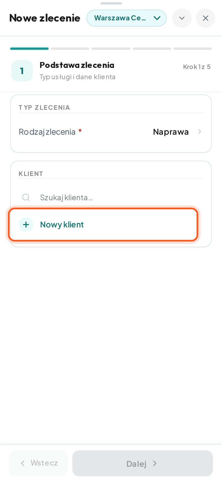 Sekcja Klient z zaznaczonym przyciskiem Nowy klient (telefon)