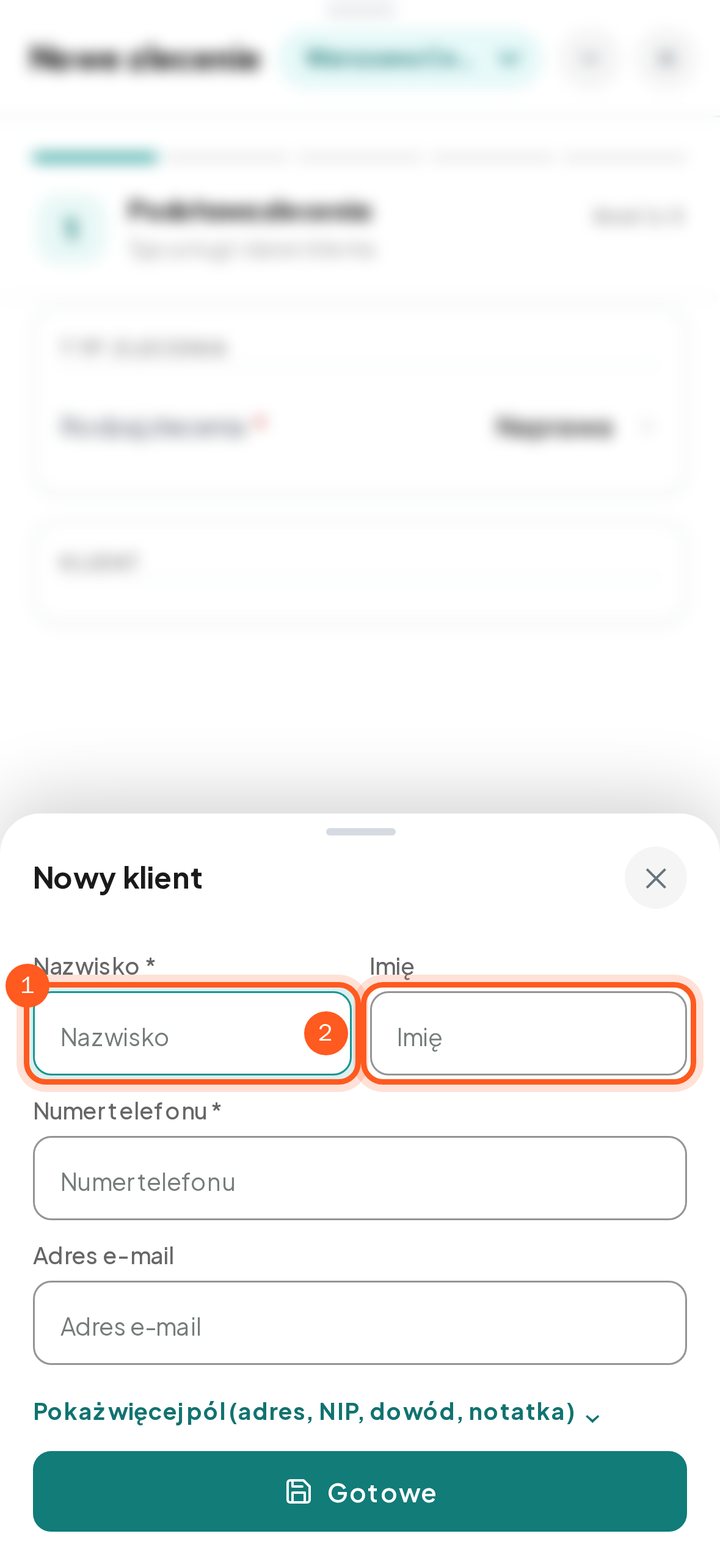 Formularz nowego klienta z polami Nazwisko i Imię (telefon)