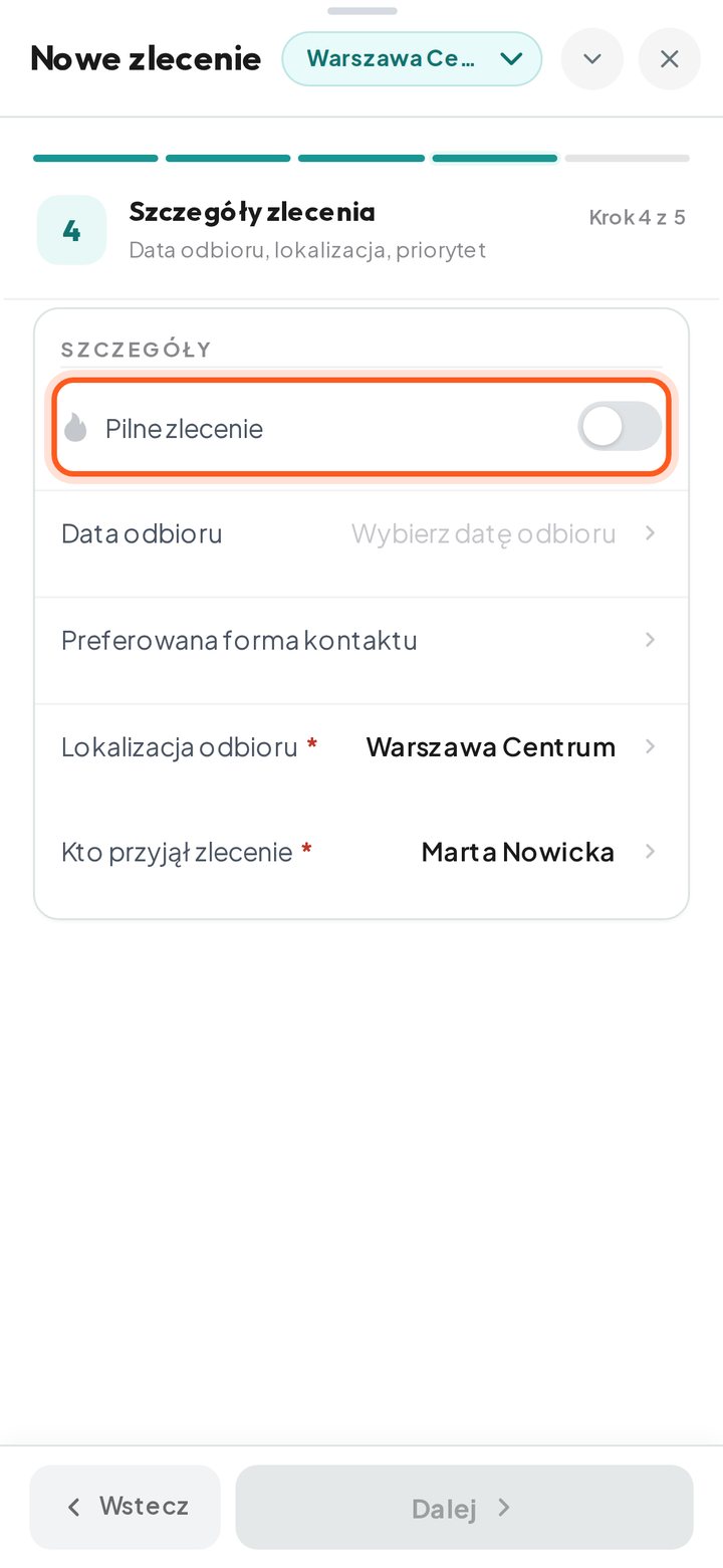 Sekcja Szczegóły z zaznaczonym przełącznikiem Pilne zlecenie (telefon)