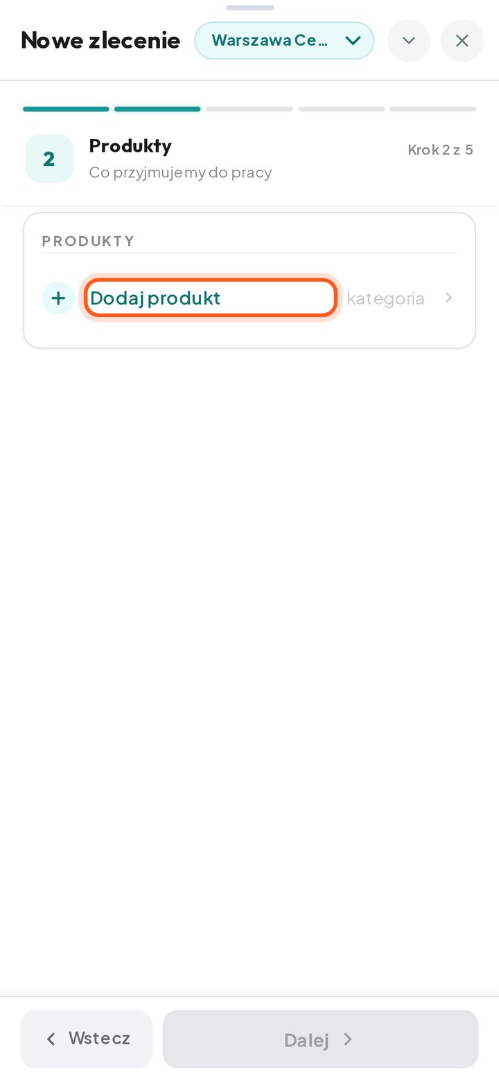 Sekcja Produkty z zaznaczonym wierszem Dodaj produkt (telefon)