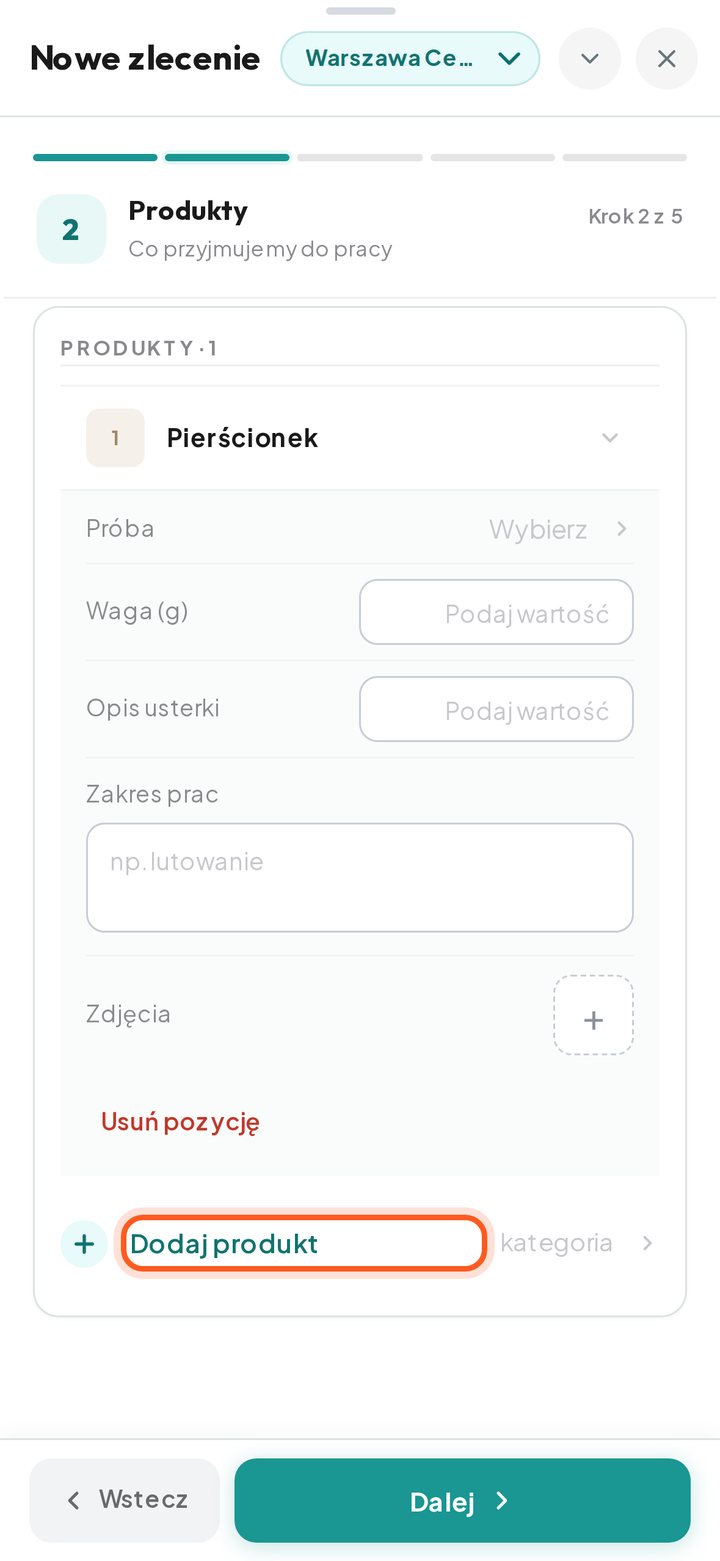 Wiersz Dodaj produkt pod pierwszym produktem (telefon)