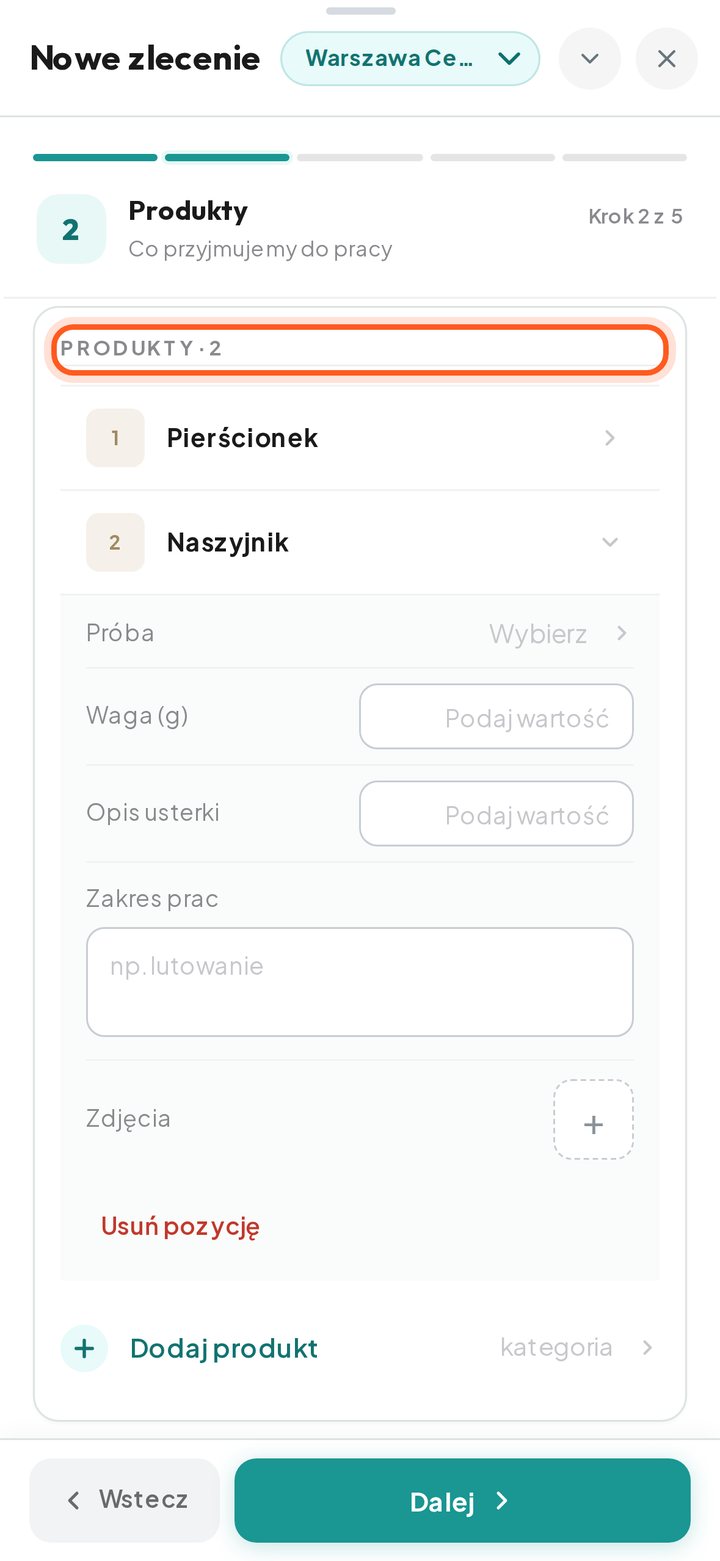 Nagłówek Produkty · 2 z listą dwóch dodanych produktów (telefon)
