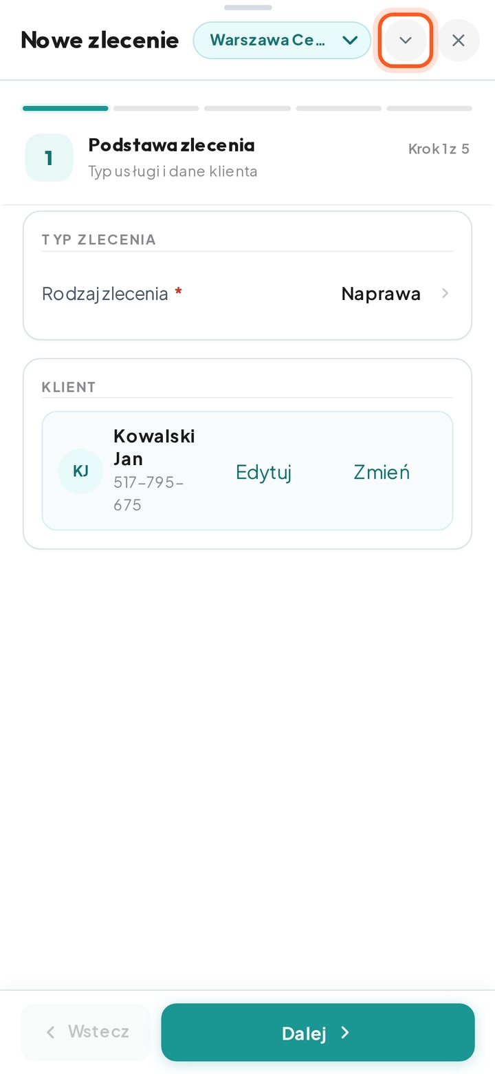 Okno nowego zlecenia z zaznaczoną strzałką minimalizacji (telefon)