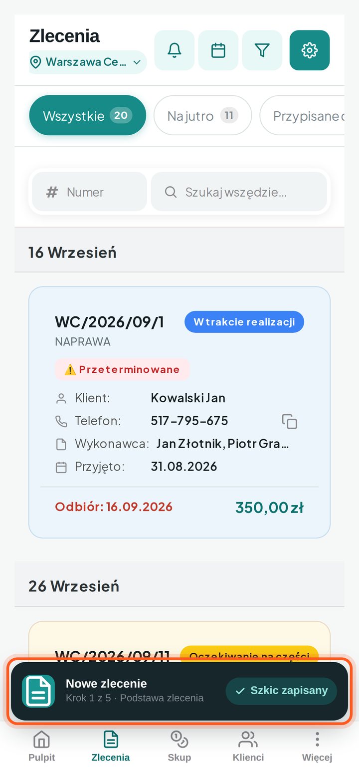 Pasek na dole ekranu z szkicem Nowe zlecenie (telefon)