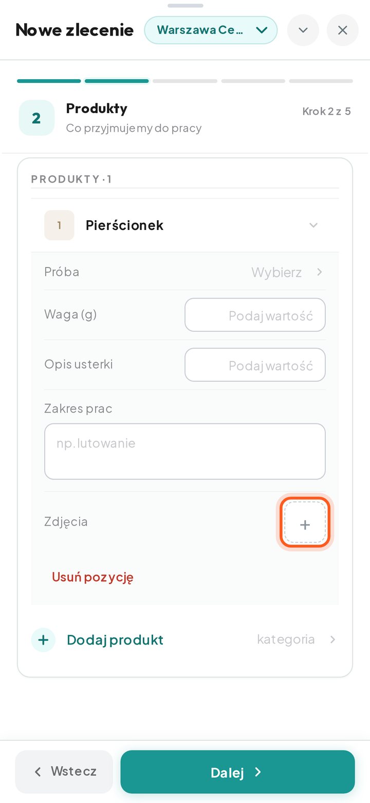 Karta produktu z zaznaczonym przyciskiem + przy polu Zdjęcia (telefon)