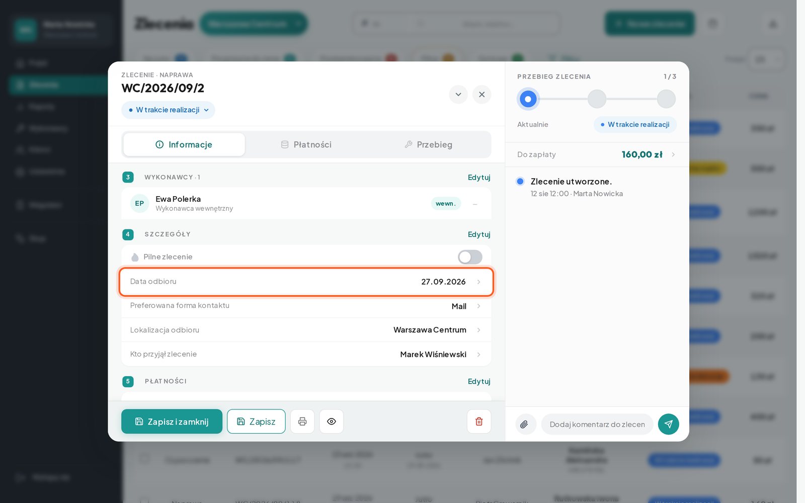 Zaznaczony wiersz Data odbioru w sekcji Szczegóły (komputer)