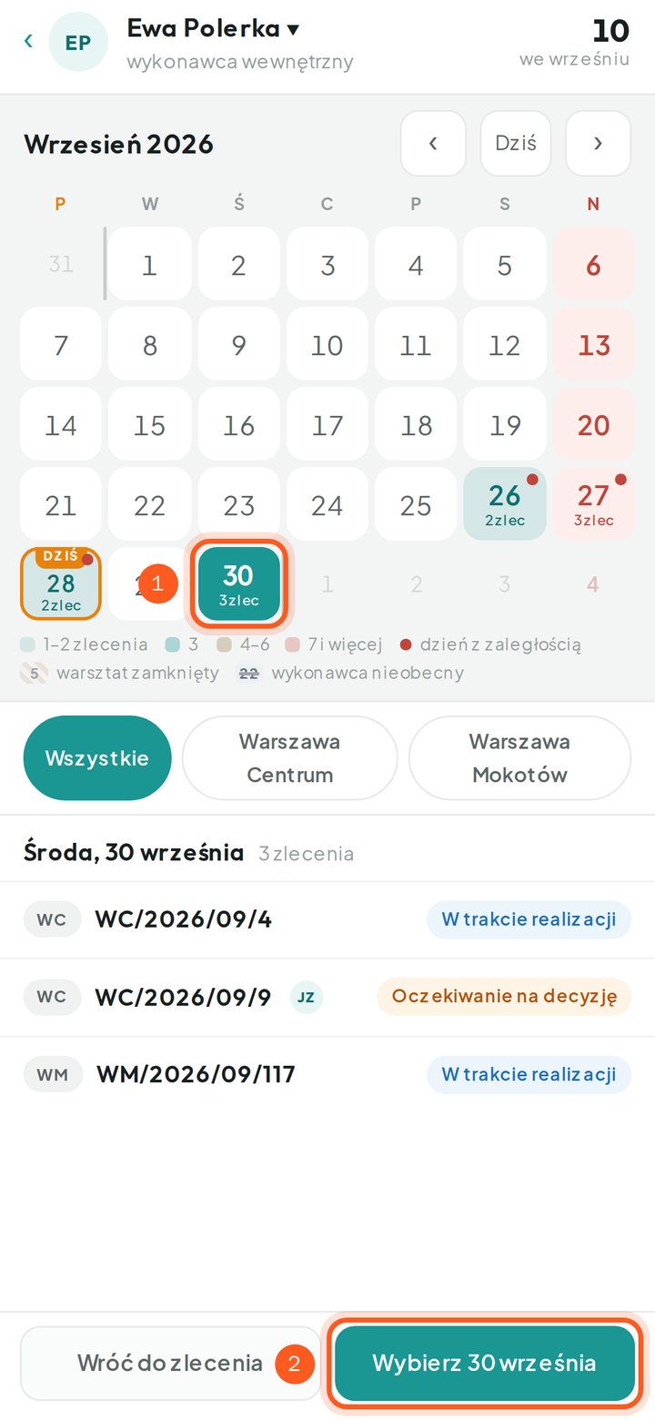 Kalendarz wykonawcy z zaznaczonym nowym dniem i przyciskiem Wybierz (telefon)