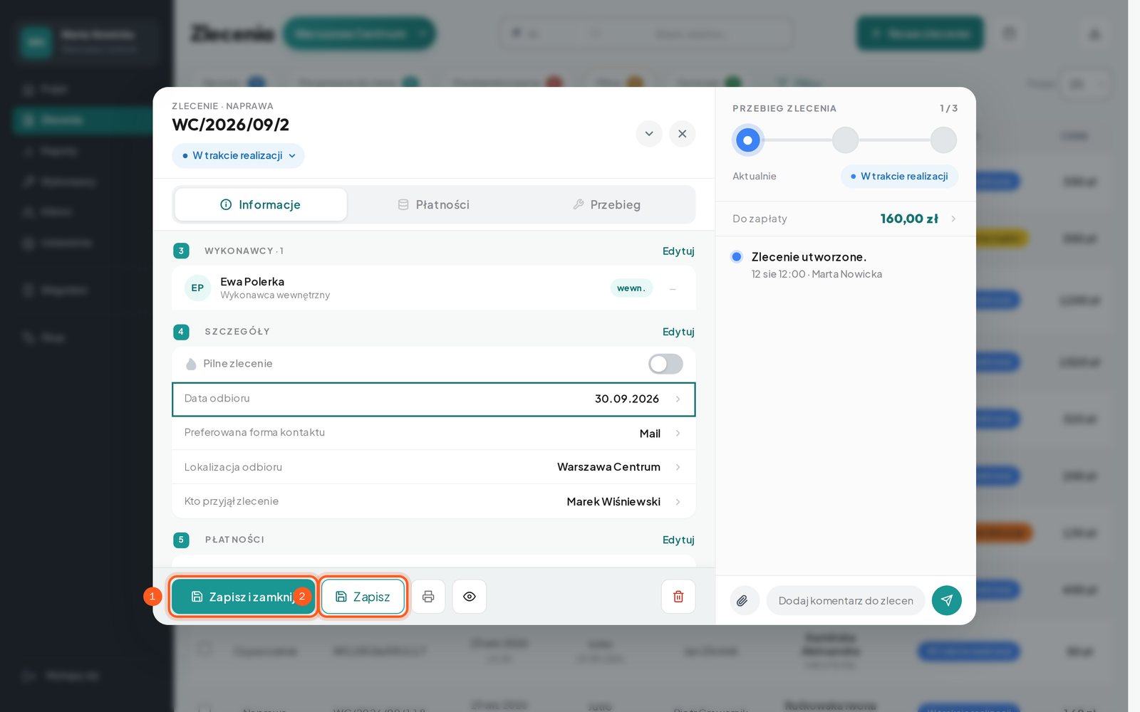 Nowa data odbioru i zaznaczone przyciski zapisu na dole okna (komputer)