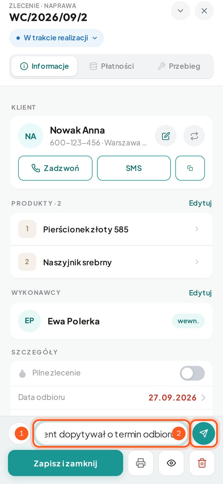 Wpisany tekst w polu komentarza i zaznaczona strzałka wysyłania (telefon)