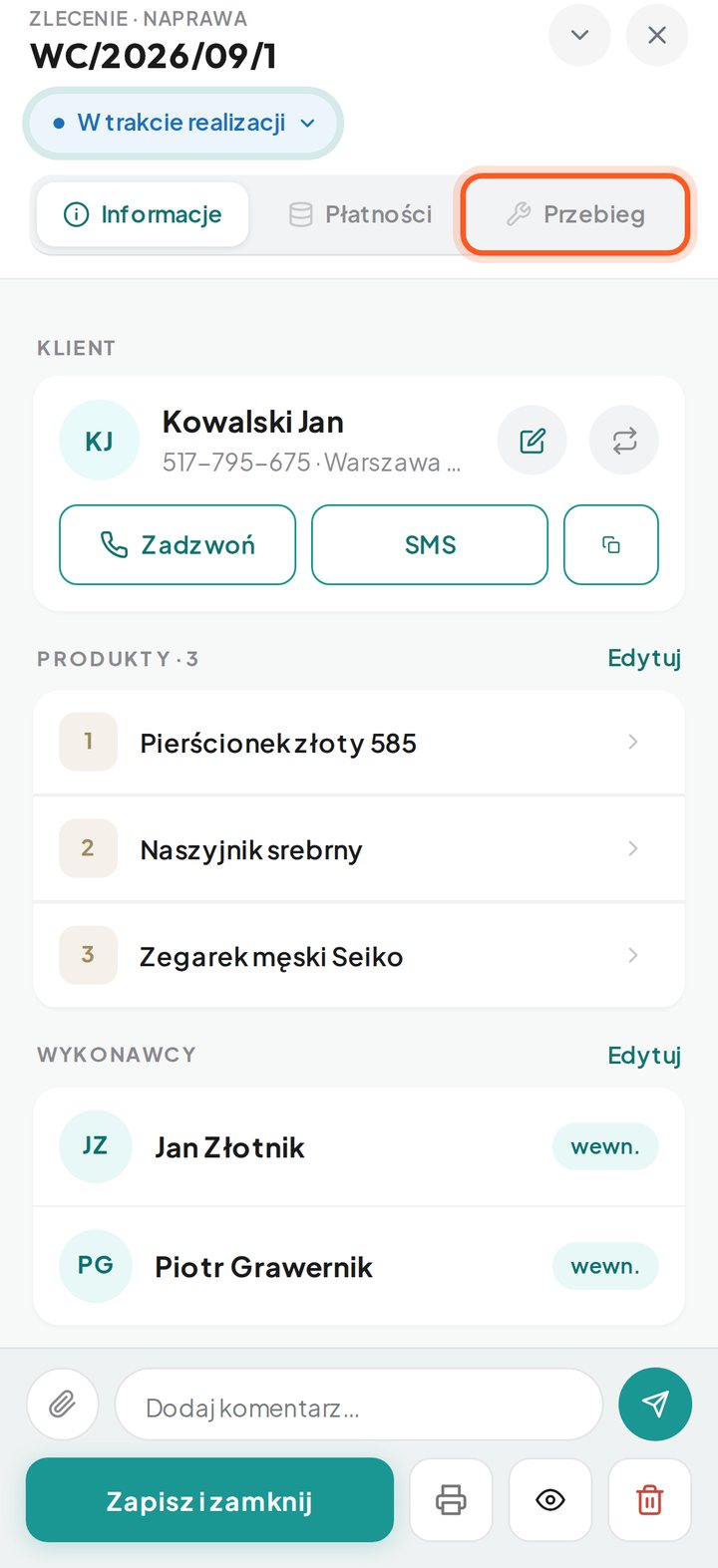 Okno zlecenia z zaznaczoną zakładką Przebieg (telefon)
