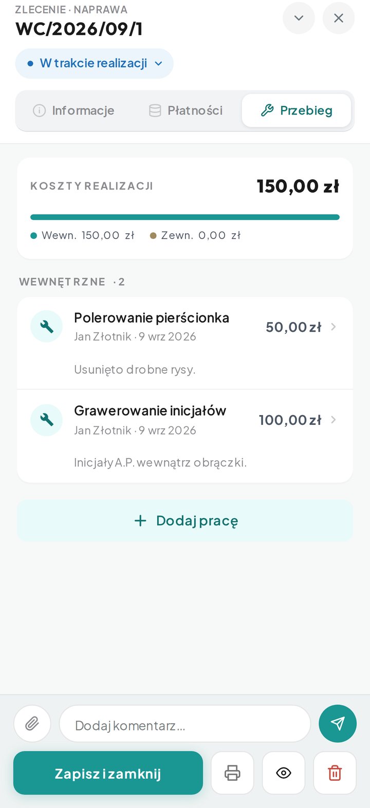 Zakładka Przebieg z podsumowaniem kosztów realizacji i listą prac (telefon)