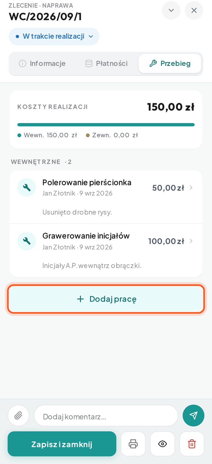 Zakładka Przebieg z zaznaczonym przyciskiem Dodaj pracę (telefon)