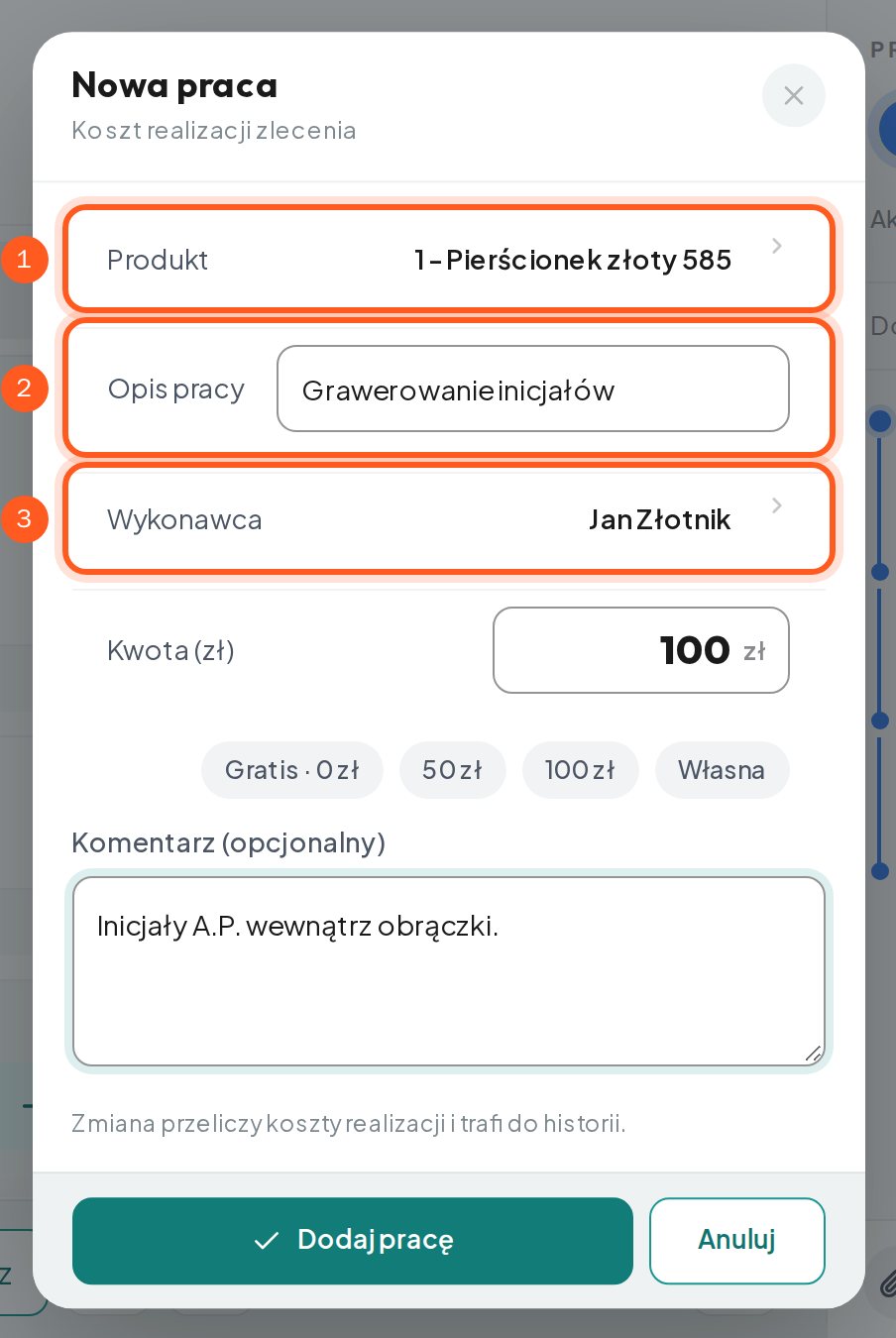 Nowa praca z zaznaczonymi polami Produkt, Opis pracy (na telefonie Nazwa pracy) i Wykonawca (komputer)