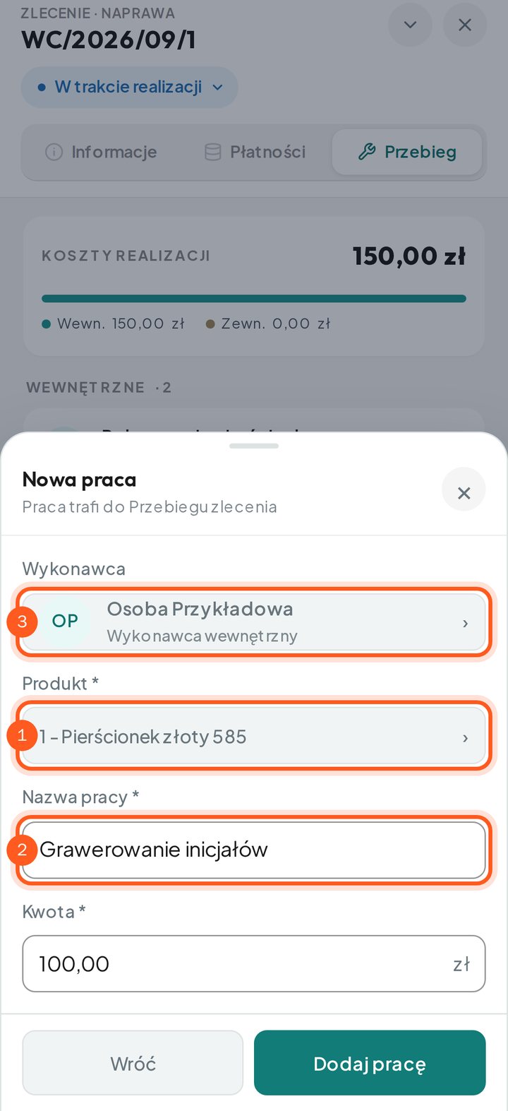 Nowa praca z zaznaczonymi polami Produkt, Opis pracy (na telefonie Nazwa pracy) i Wykonawca (telefon)
