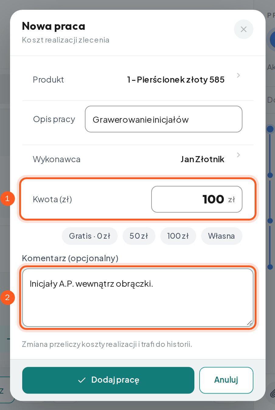 Kwota nowej pracy; na komputerze także pole komentarza (komputer)