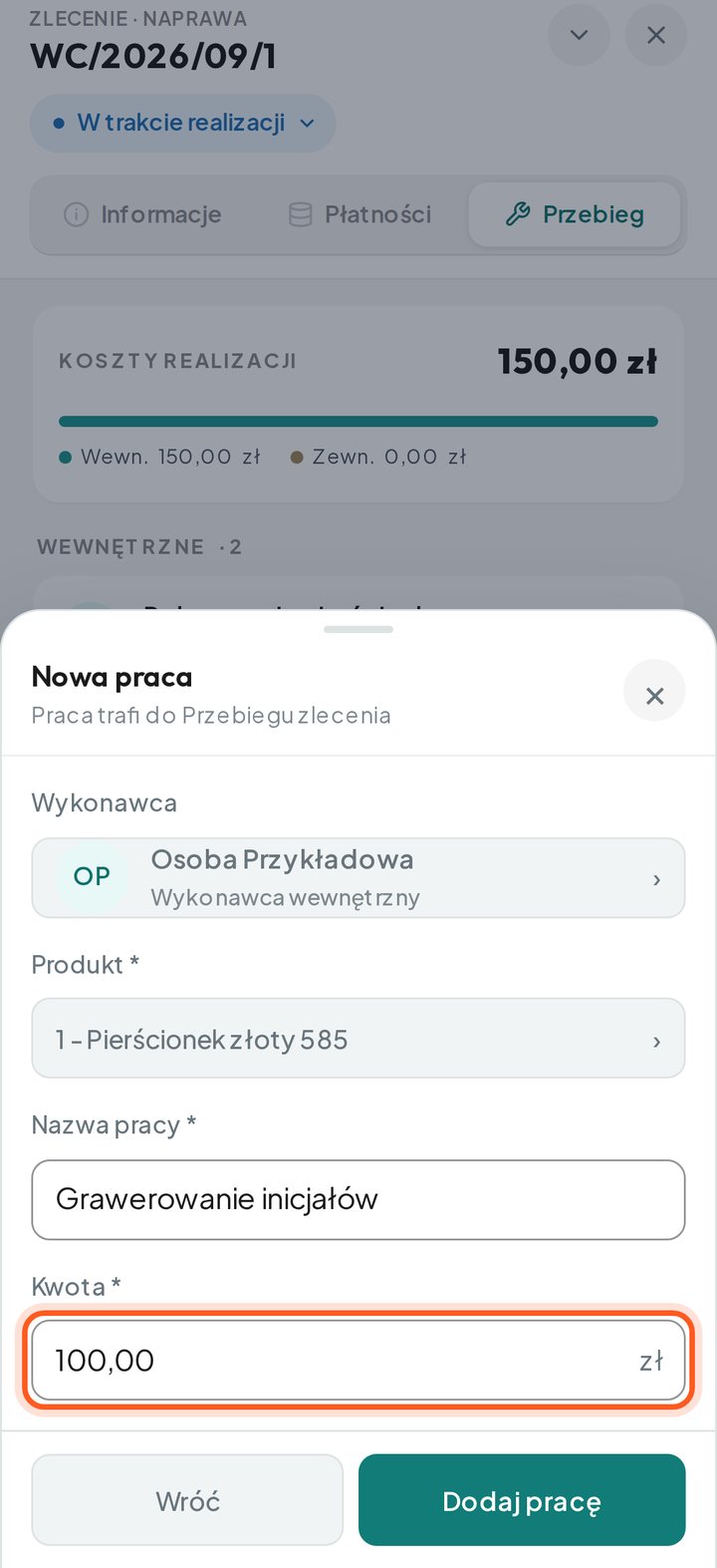 Kwota nowej pracy; na komputerze także pole komentarza (telefon)