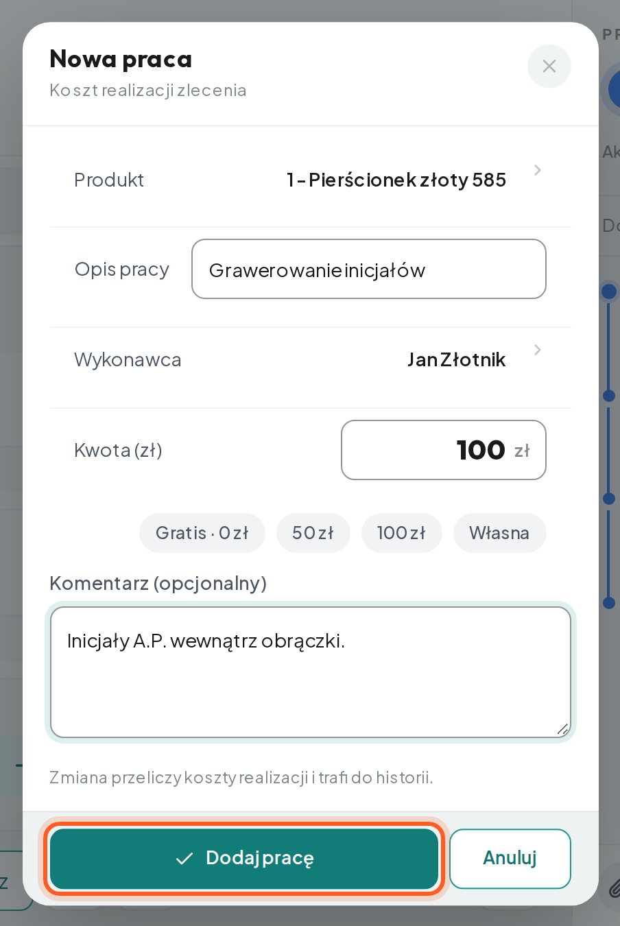 Uzupełniona nowa praca z zaznaczonym przyciskiem Dodaj pracę (komputer)