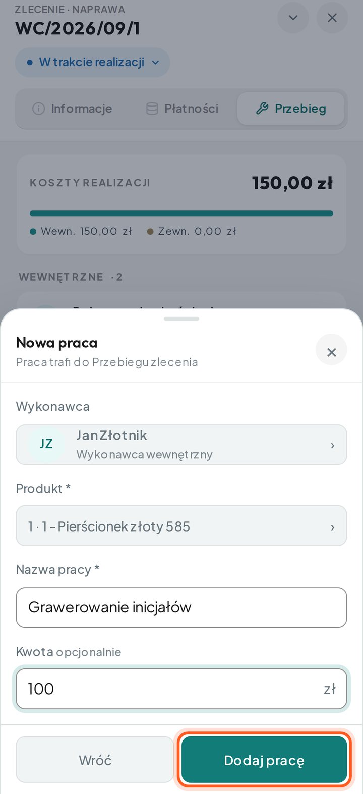 Uzupełniona nowa praca z zaznaczonym przyciskiem Dodaj pracę (telefon)