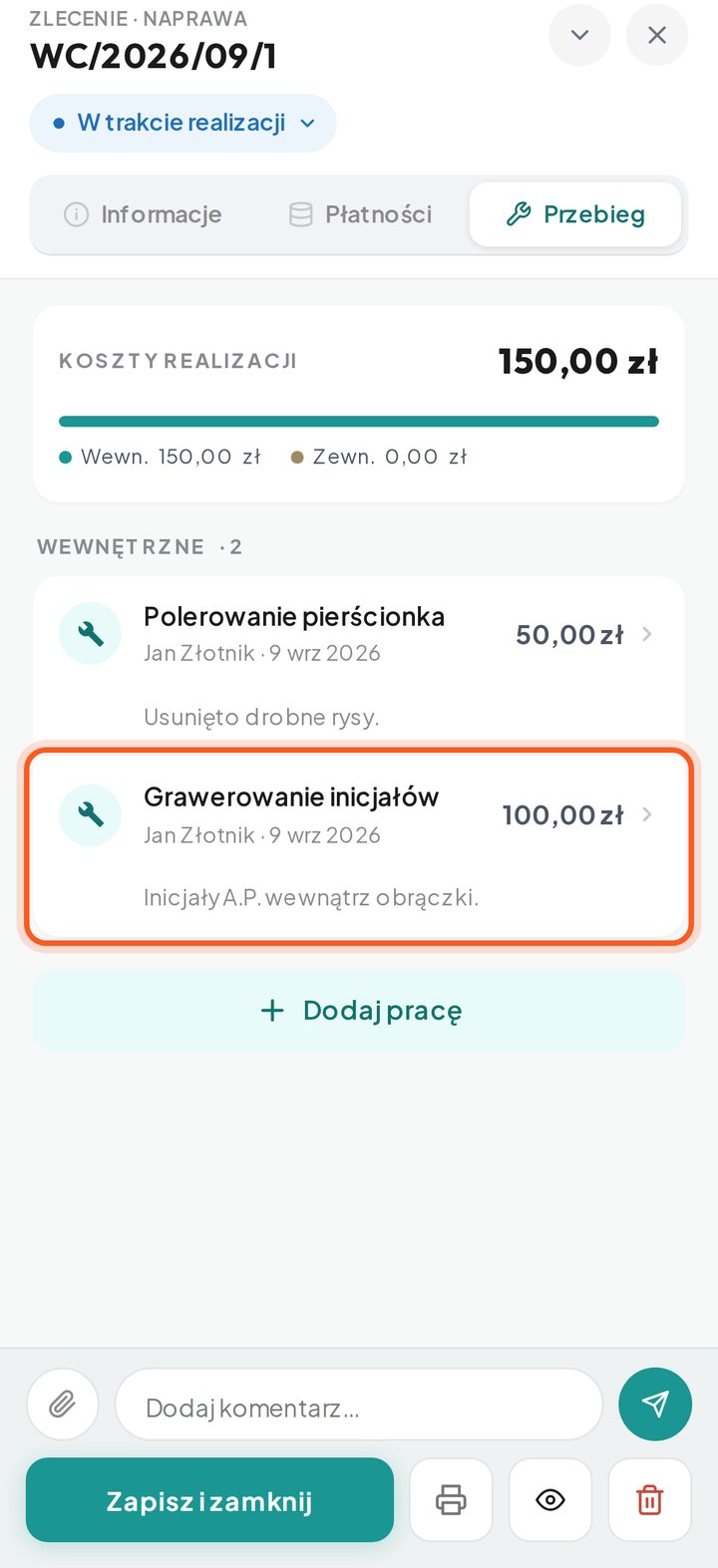 Zakładka Przebieg z zaznaczonym wierszem zapisanej pracy (telefon)