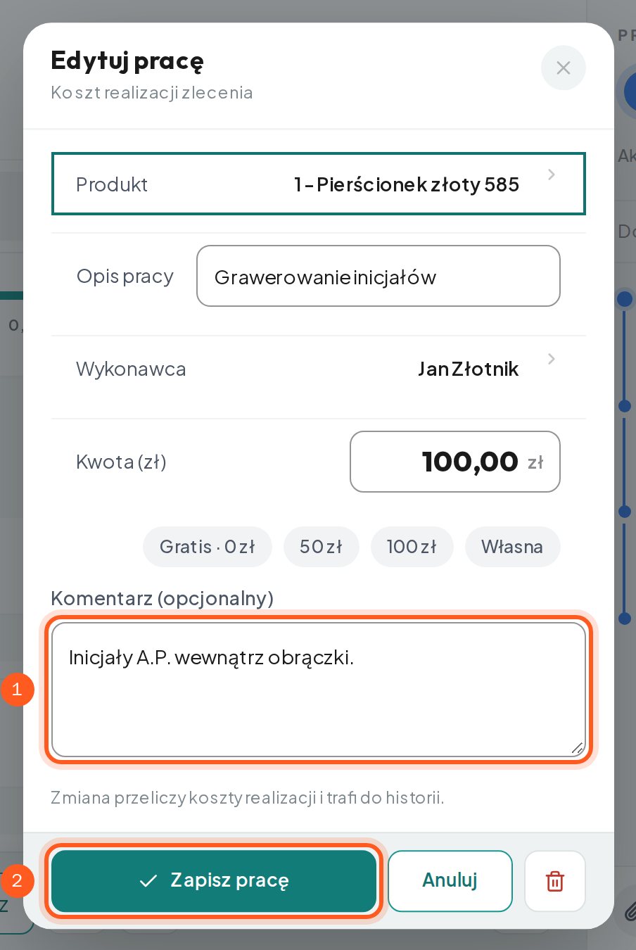 Edycja pracy z zaznaczonym komentarzem i przyciskiem Zapisz pracę (komputer)