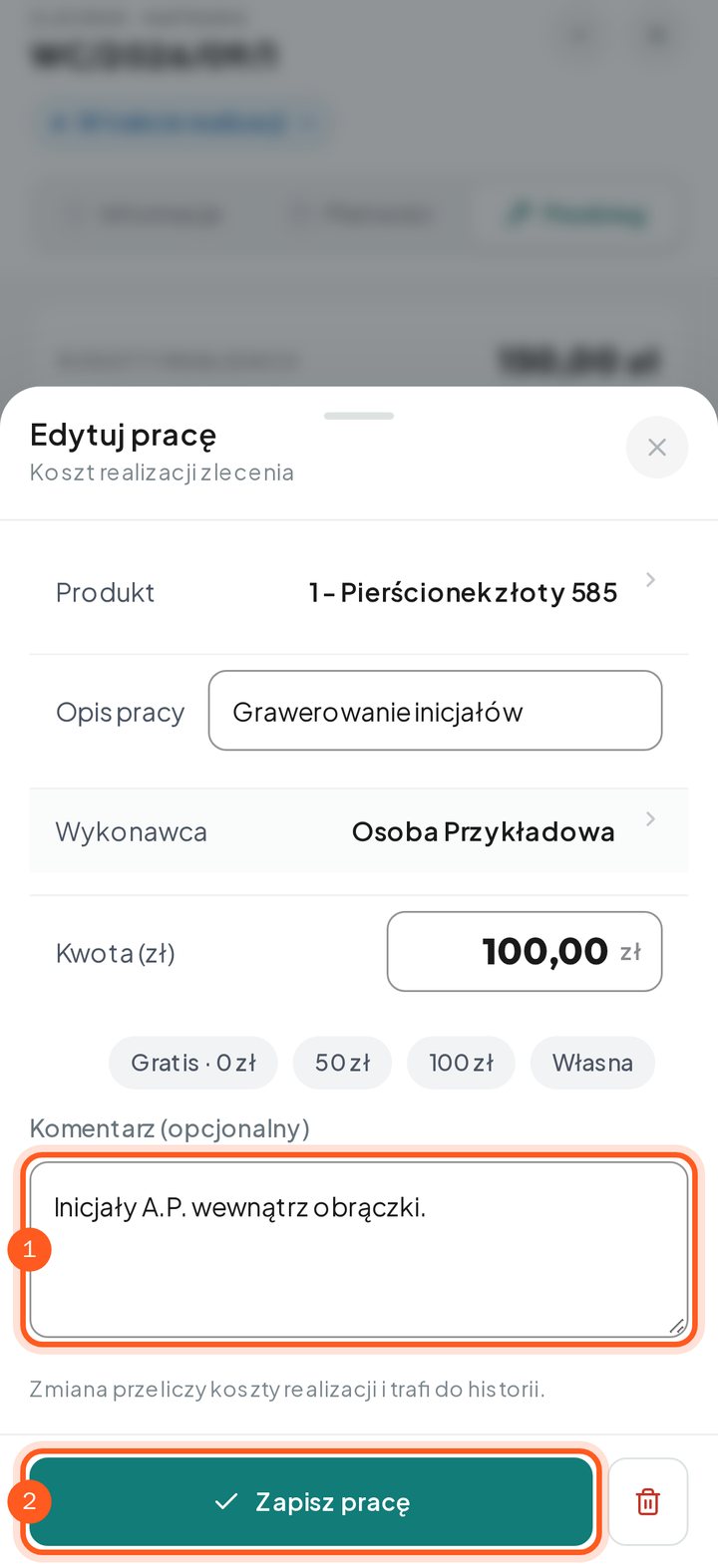 Edycja pracy z zaznaczonym komentarzem i przyciskiem Zapisz pracę (telefon)