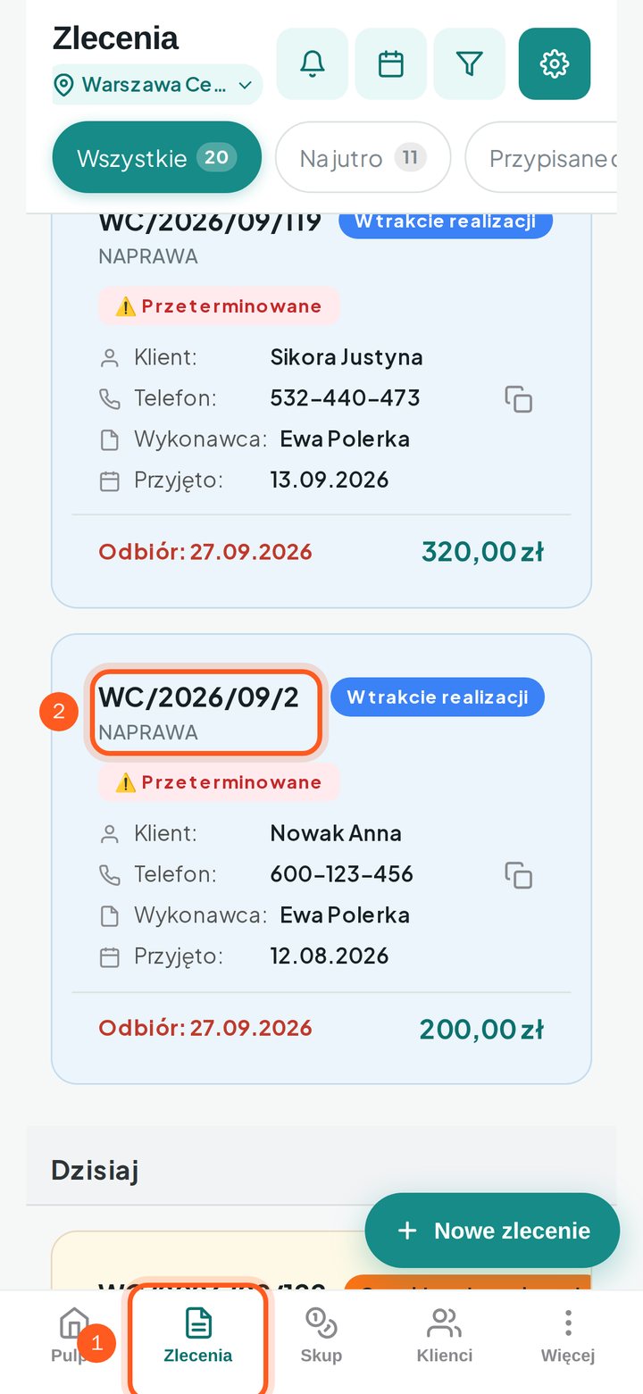 Menu z zaznaczoną pozycją Zlecenia i zaznaczonym wierszem zlecenia na liście (telefon)