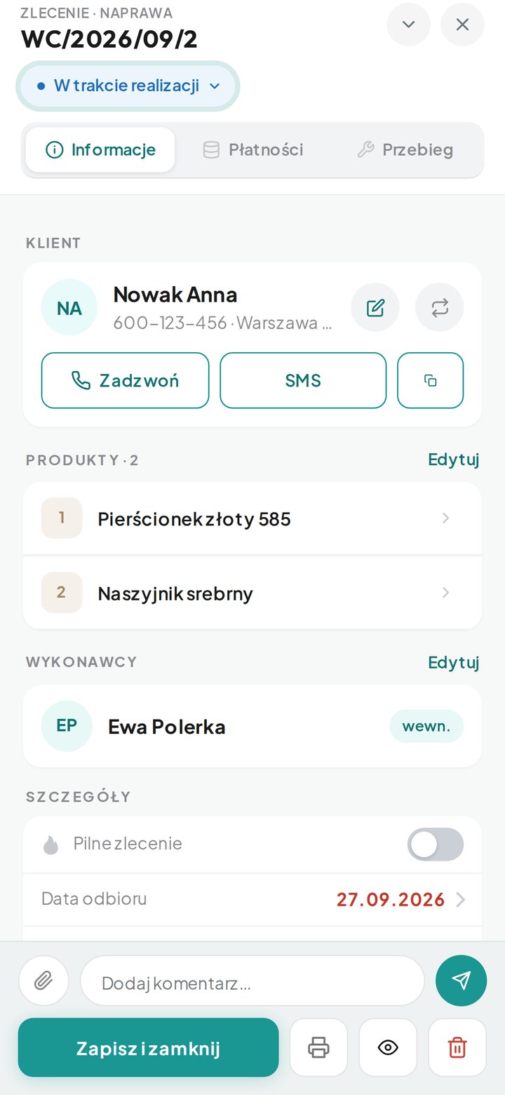 Otwarte okno zlecenia z zakładką Informacje (telefon)