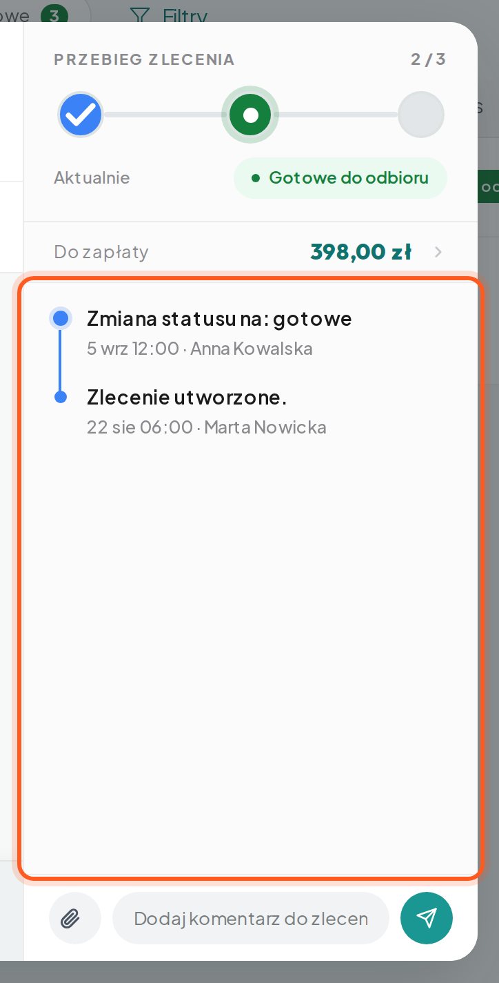 Lista zdarzeń zlecenia: zmiana statusu i utworzenie zlecenia (komputer)