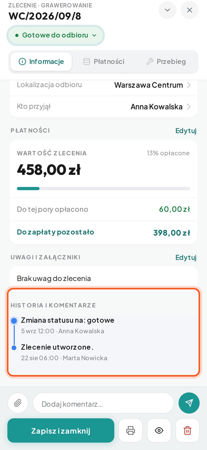 Lista zdarzeń zlecenia: zmiana statusu i utworzenie zlecenia (telefon)