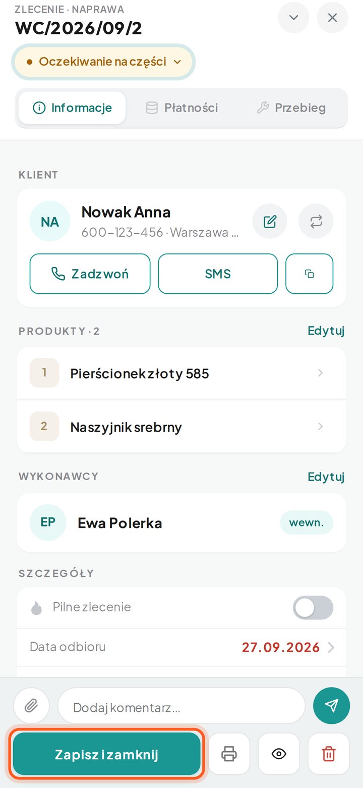 Nowy status pod numerem zlecenia i zaznaczone przyciski zapisu na dole okna (telefon)