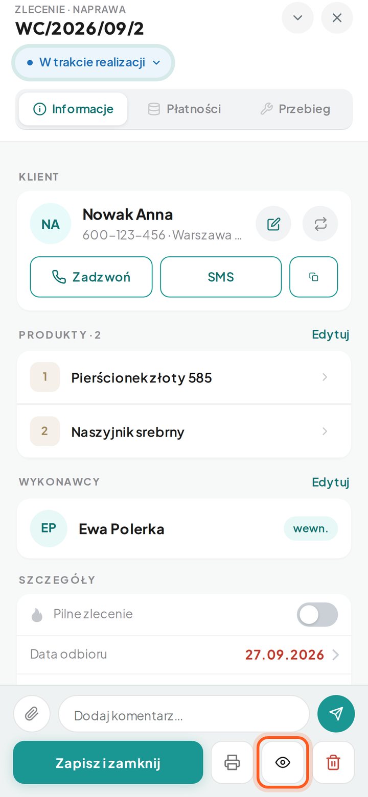 Zaznaczona ikona oka na dole okna zlecenia (telefon)