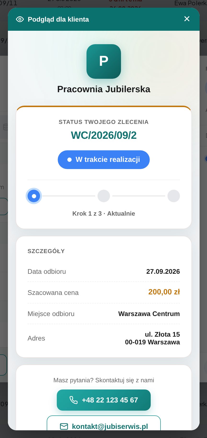 Podgląd dla klienta ze statusem zlecenia, szczegółami i kontaktem do pracowni (komputer)