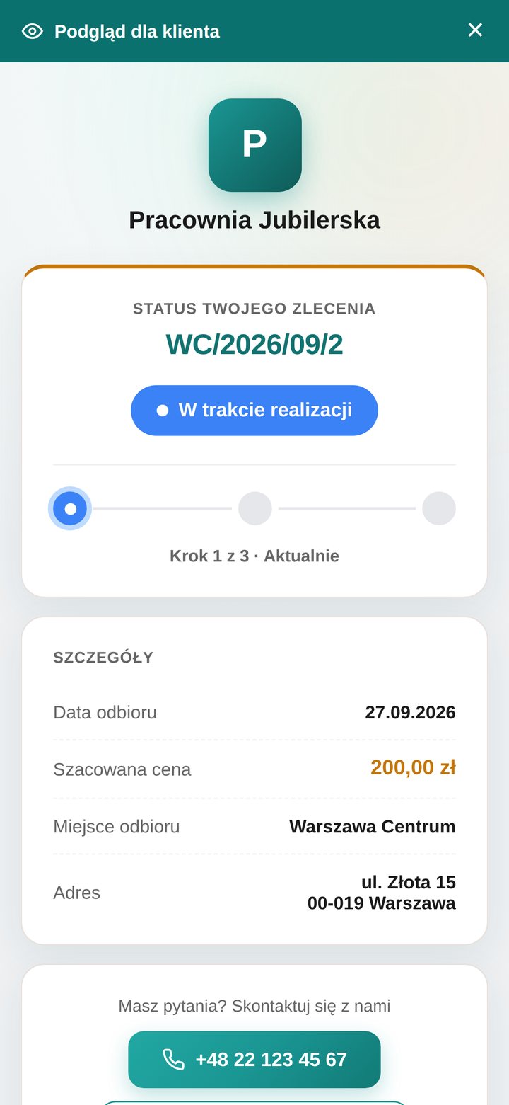 Podgląd dla klienta ze statusem zlecenia, szczegółami i kontaktem do pracowni (telefon)