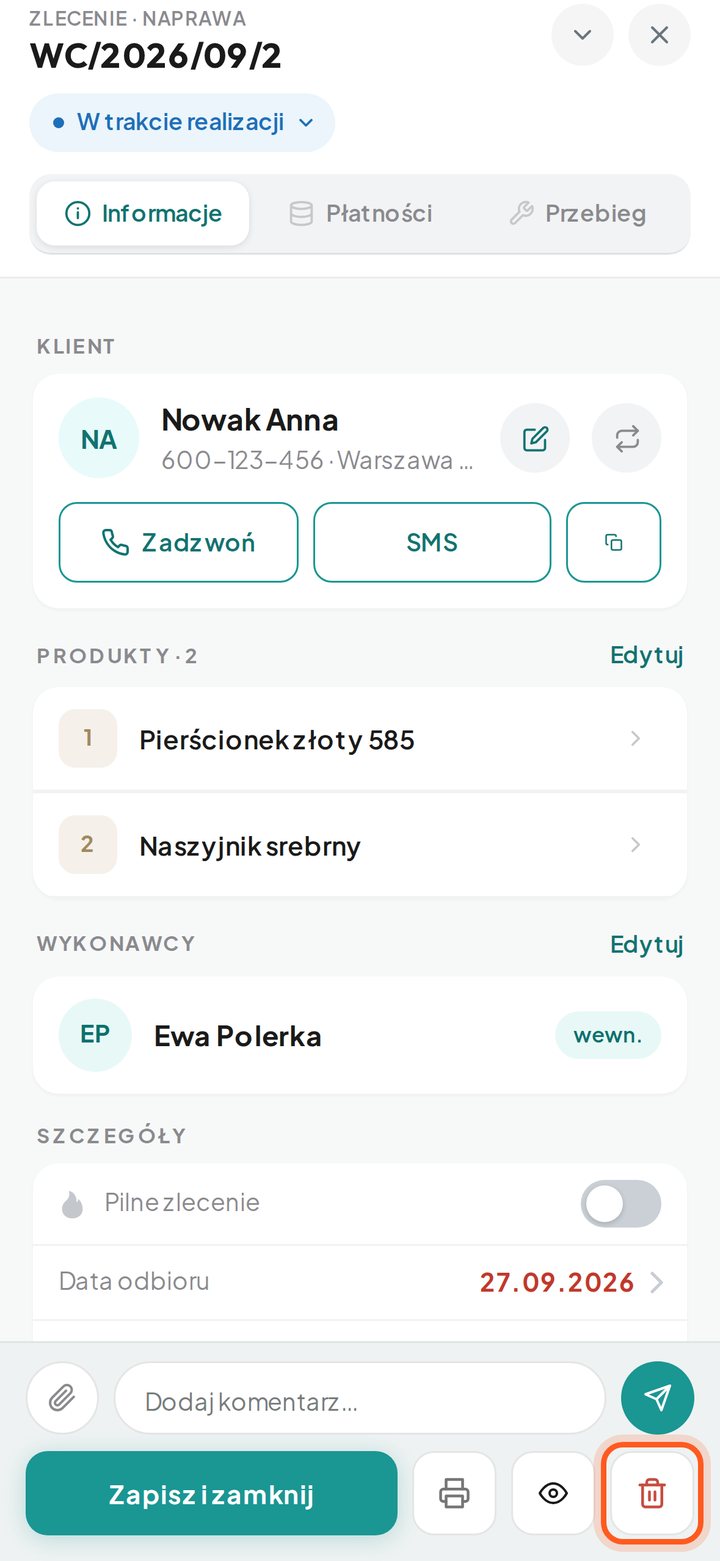 Zaznaczona ikona kosza na dole okna zlecenia (telefon)