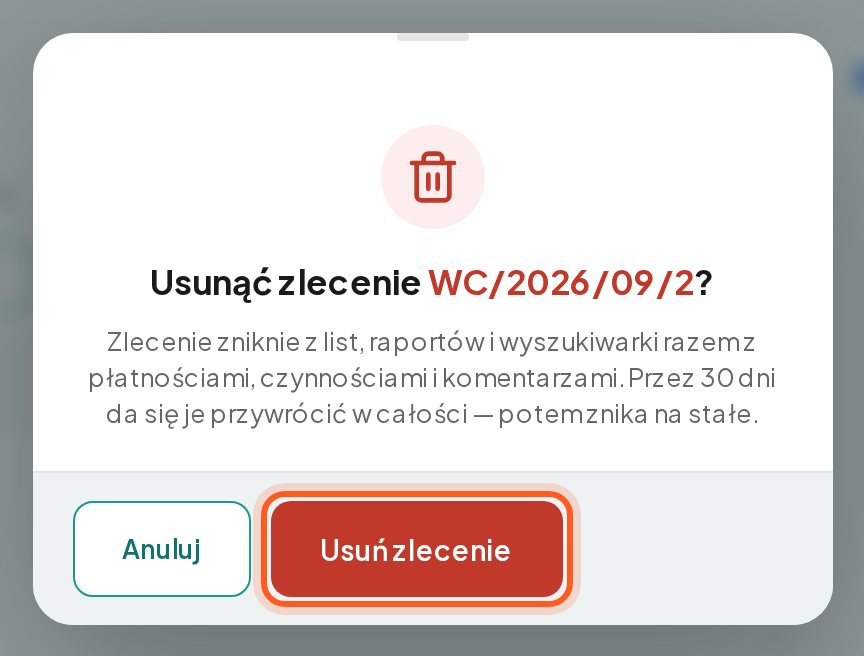 Okno potwierdzenia usunięcia zlecenia z przyciskiem Usuń zlecenie (komputer)