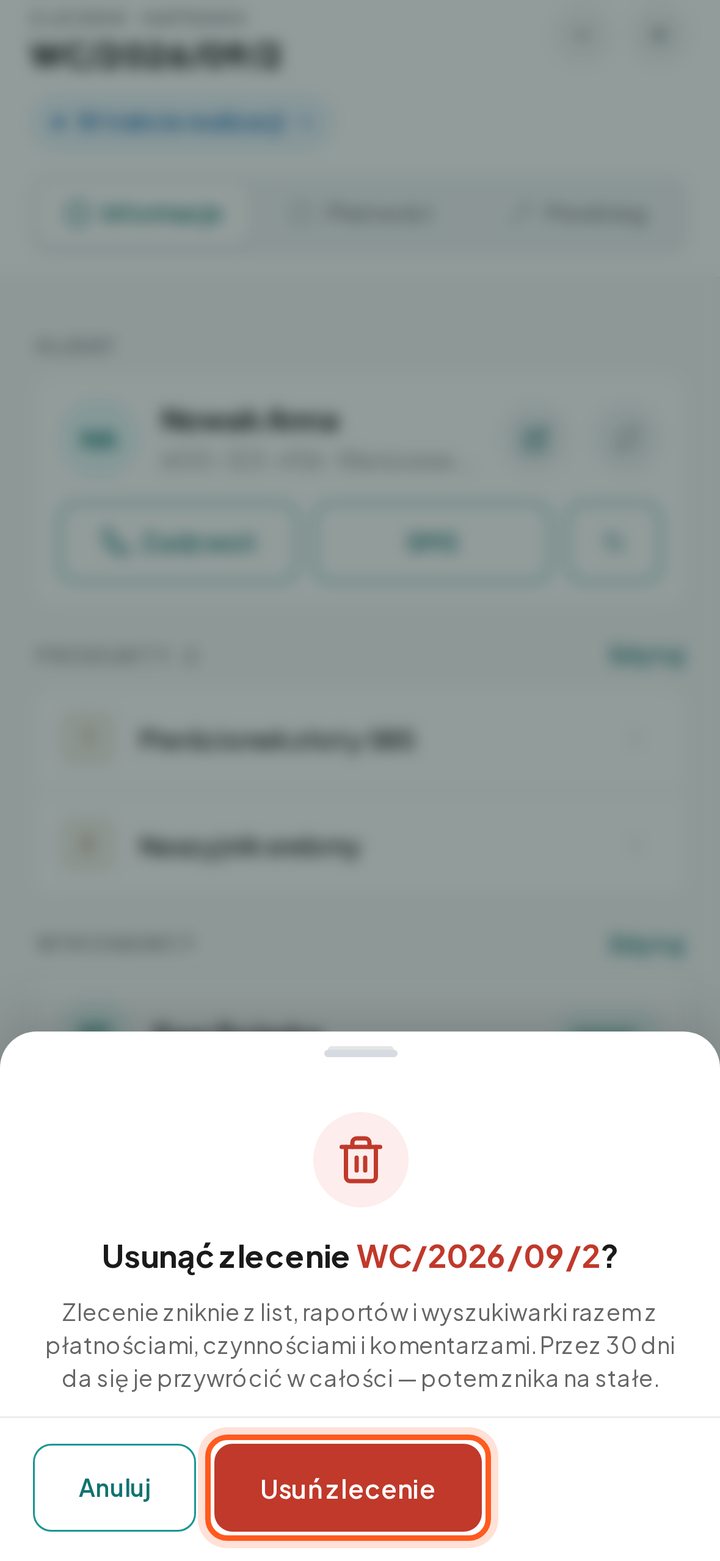 Okno potwierdzenia usunięcia zlecenia z przyciskiem Usuń zlecenie (telefon)