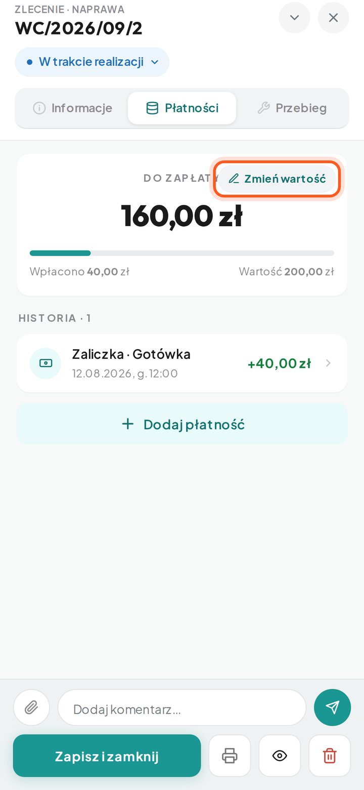 Zakładka Płatności z zaznaczonym przyciskiem Zmień wartość (telefon)