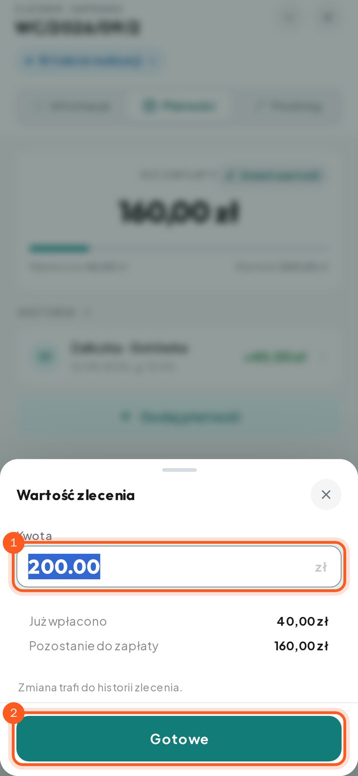 Okienko Wartość zlecenia z polem kwoty i przyciskiem Gotowe (telefon)