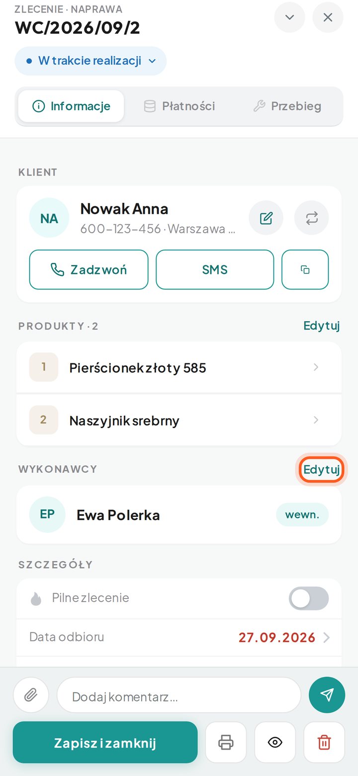 Zaznaczony przycisk Edytuj przy sekcji Wykonawcy (telefon)
