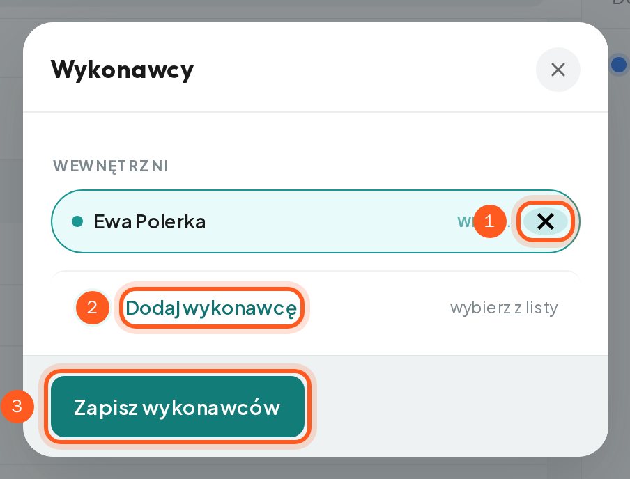 Okienko Wykonawcy z przypisaną osobą, krzyżykiem, przyciskiem Dodaj wykonawcę i Zapisz wykonawców (komputer)